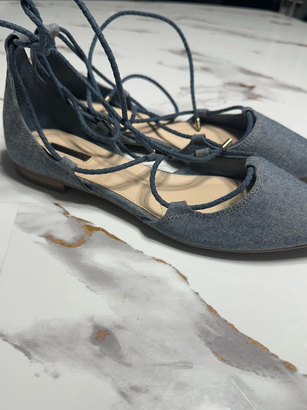 Jennifer Lopez Denim Lace-Up Flats Ballet Style Chic and Trendy. - Picture 4 of 12